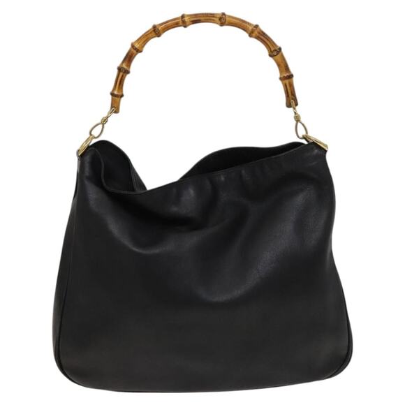 GUCCI Bamboo Hand Bag Leather Black Gold 001 001 - Picture 3 of 16